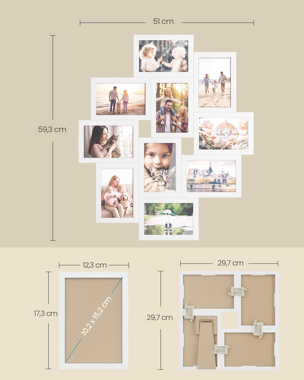Fotolijsten Set – Middelgroot – Gereedschapsloos Ophangen of Neerzetten – 10 x 15 cm – Wit