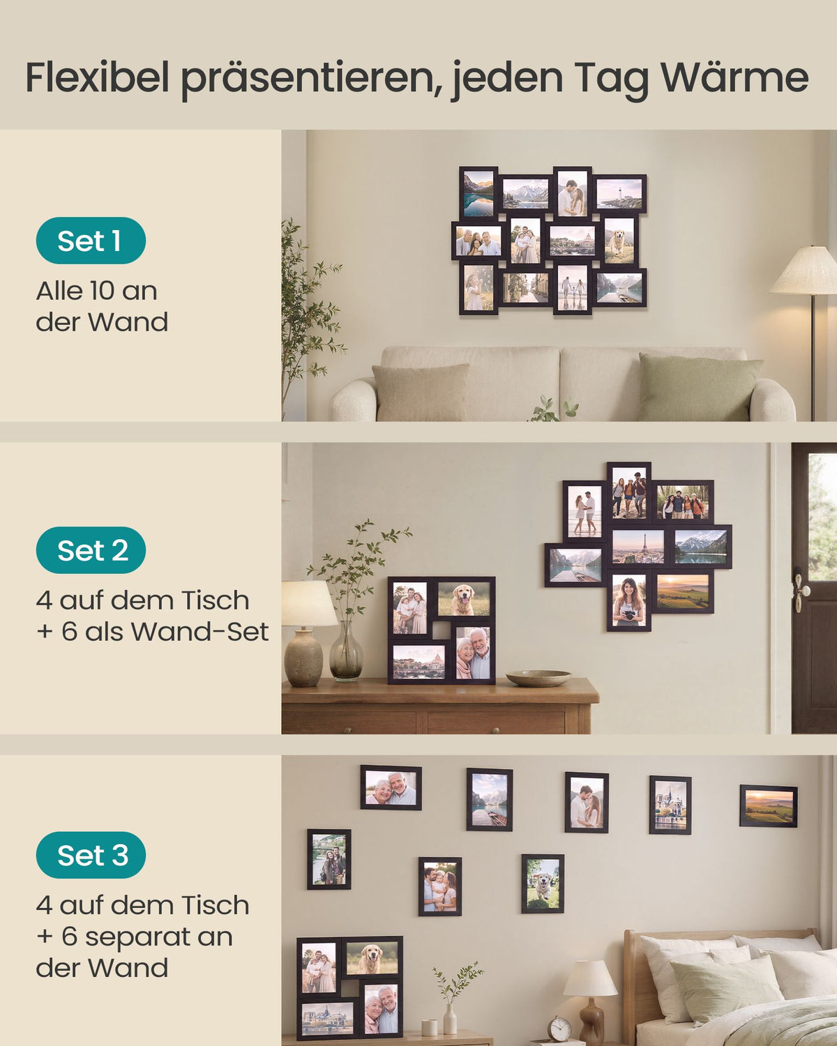 Fotolijsten Set – Groot – Gereedschapsloos Ophangen of Neerzetten – 10 x 15 cm – Zwart