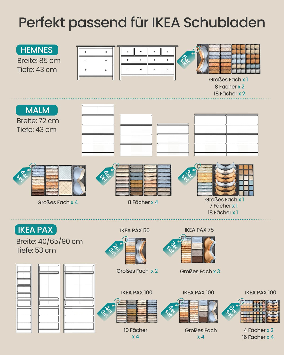 Lade-organizers – Set van 6 – Opvouwbaar – Zonder Vakjes – 40 x 17 – Duifgrijs