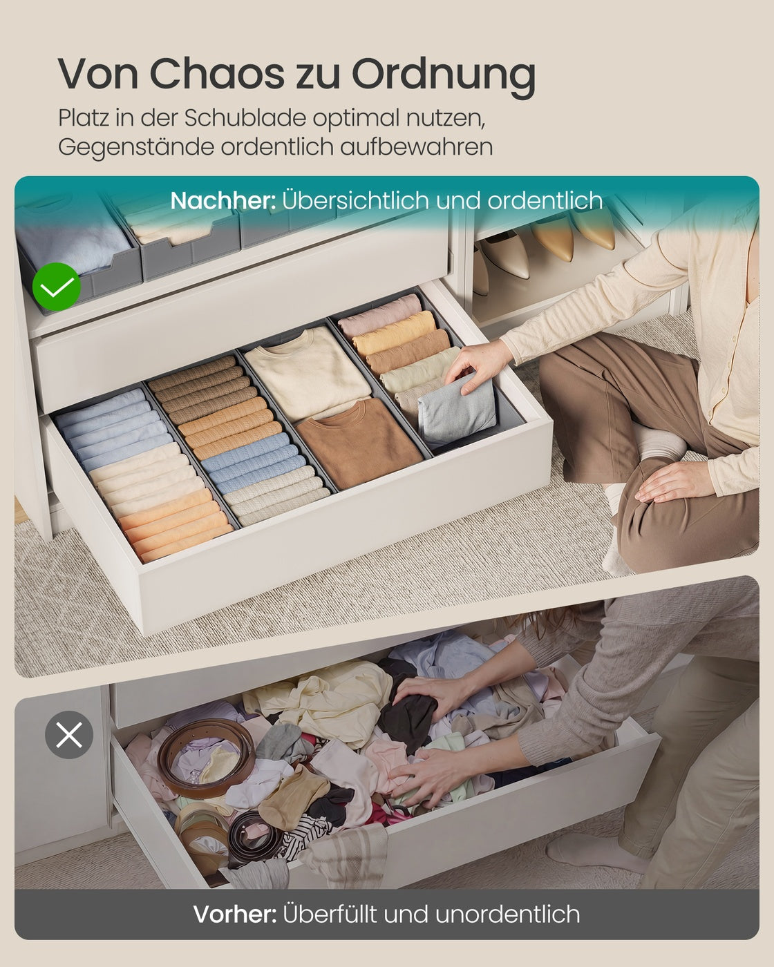 Lade-organizers – Set van 6 – Opvouwbaar – Zonder Vakjes – 50 x 22 – Duifgrijs