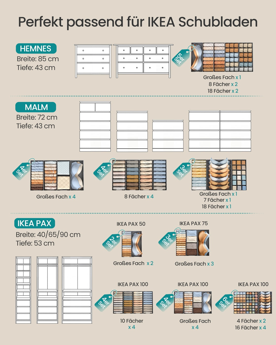 Lade-organizers – Set van 6 – Opvouwbaar – Zonder Vakjes – 50 x 22 – Duifgrijs