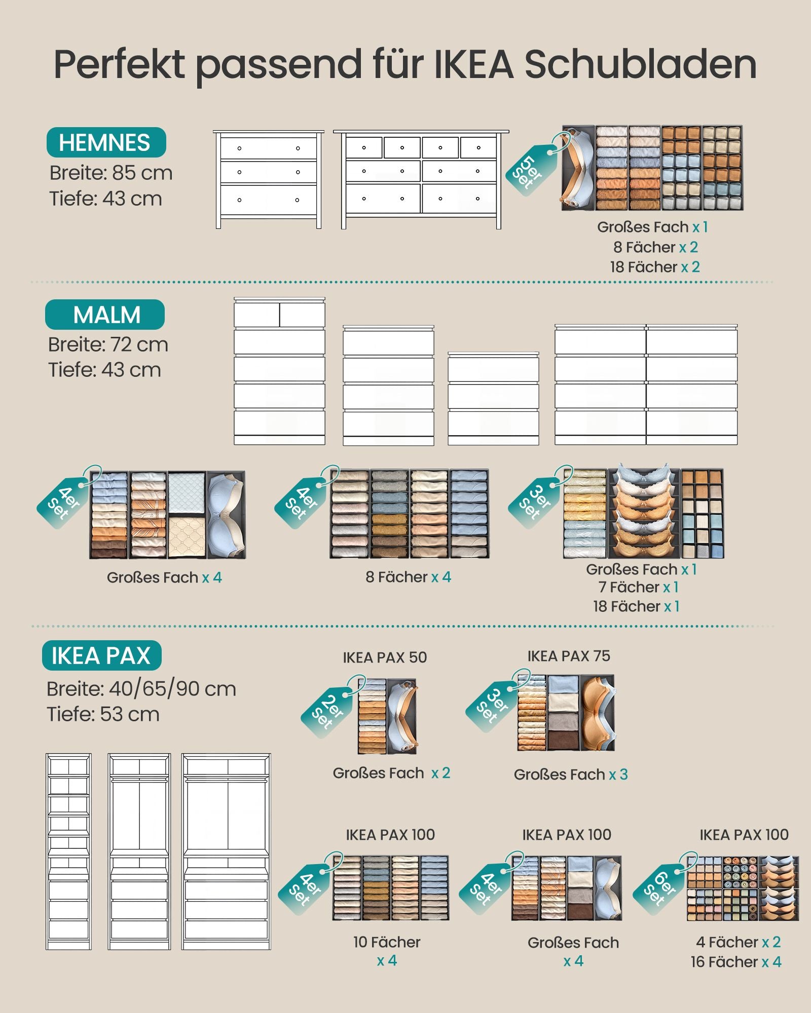 Lade-organizer - Opvouwbaar - Set van Meerdere Boxen - Duifgrijs - 19 x 40 x 10 cm