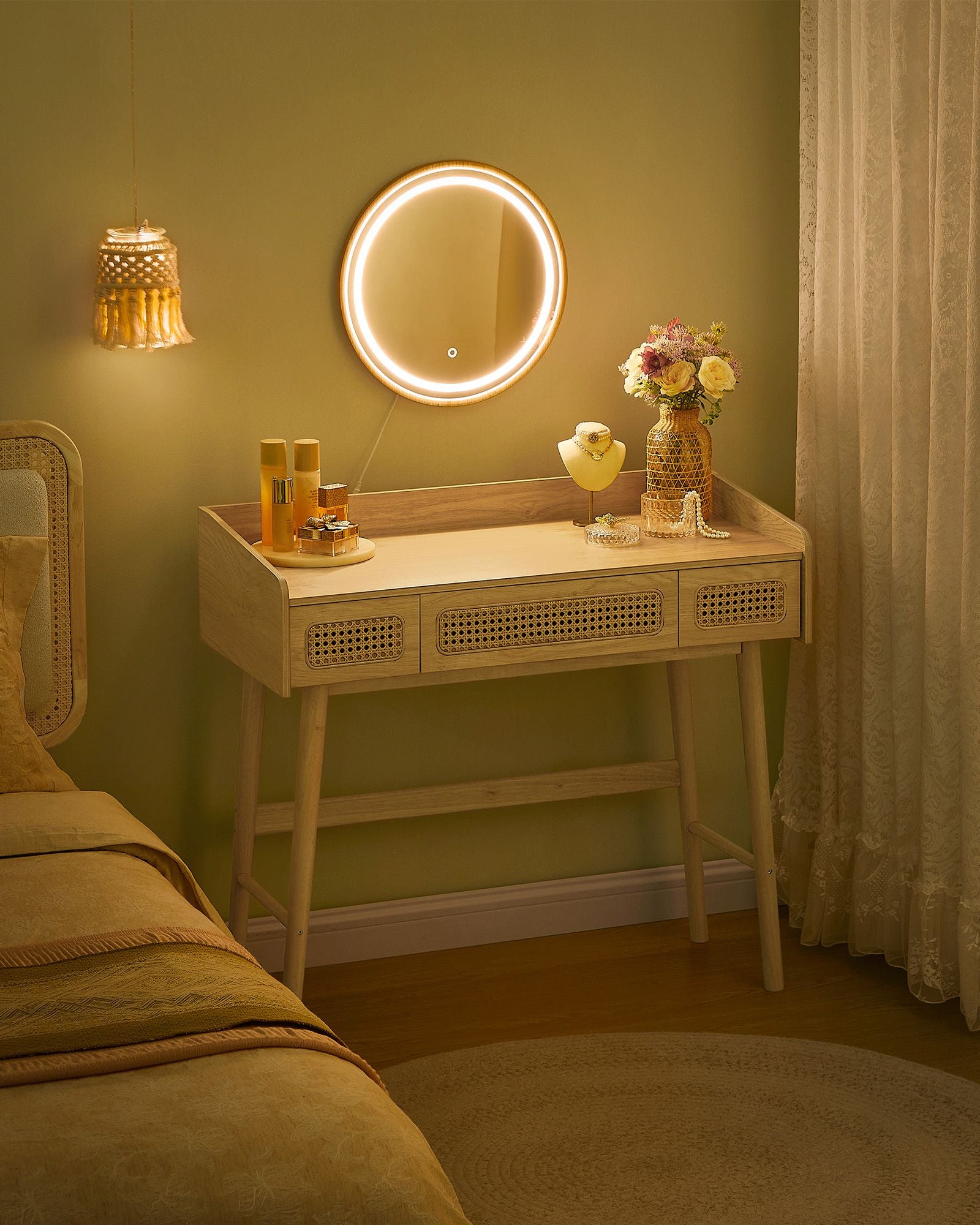 Kaptafel – Make-up Tafel – Met spiegel – Dimbare verlichting – 3 lades – Bohemian ontwerp