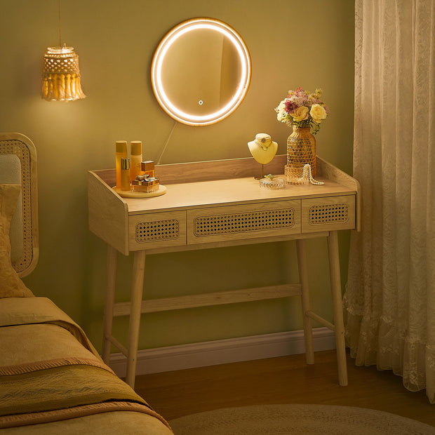 Kaptafel – Make-up Tafel – Met spiegel – Dimbare verlichting – 3 lades – Bohemian ontwerp