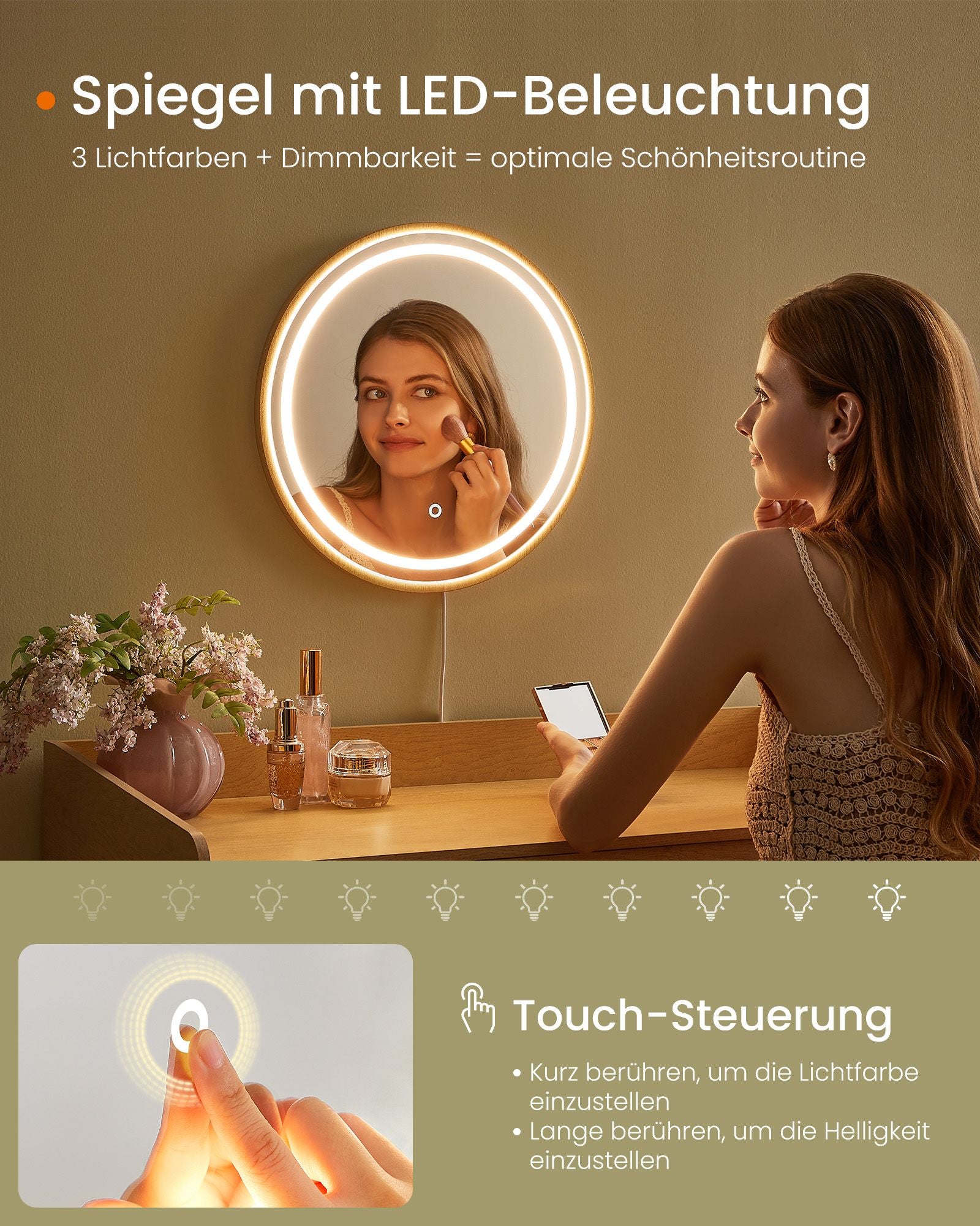 Kaptafel – Make-up Tafel – Met spiegel – Dimbare verlichting – 3 lades – Bohemian ontwerp