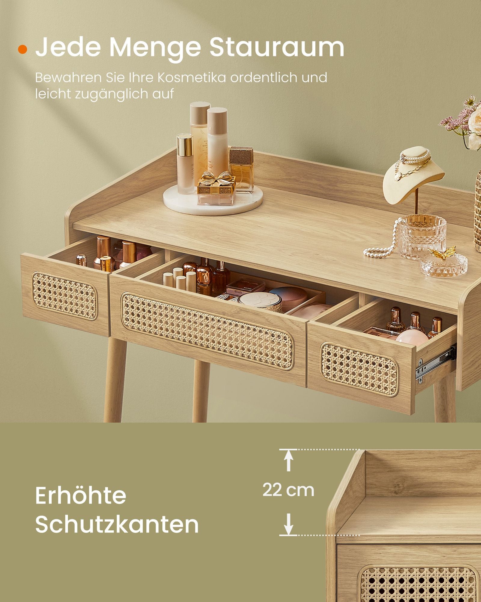 Kaptafel – Make-up Tafel – Met spiegel – Dimbare verlichting – 3 lades – Bohemian ontwerp