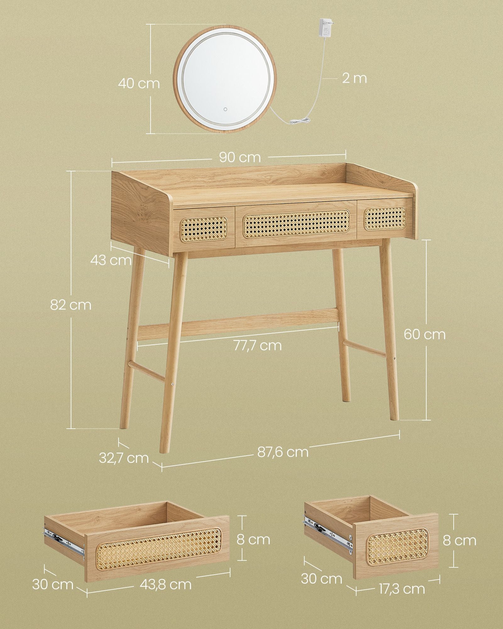 Kaptafel – Make-up Tafel – Met spiegel – Dimbare verlichting – 3 lades – Bohemian ontwerp