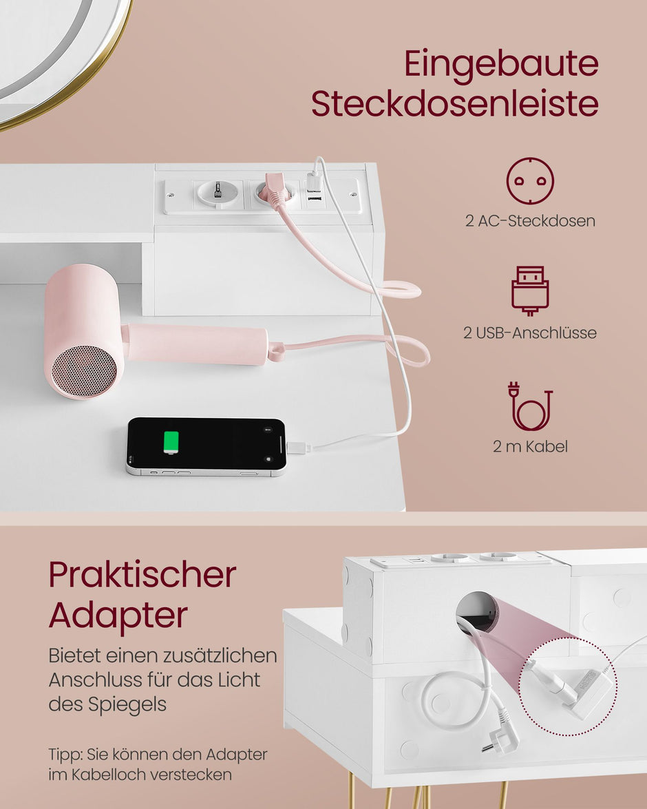 Kaptafel – Make-up Tafel – Wit – Draaibare spiegel met dimbare verlichting – 2 lades – Met 2x USB-aansluiting – 2x Stopcontact