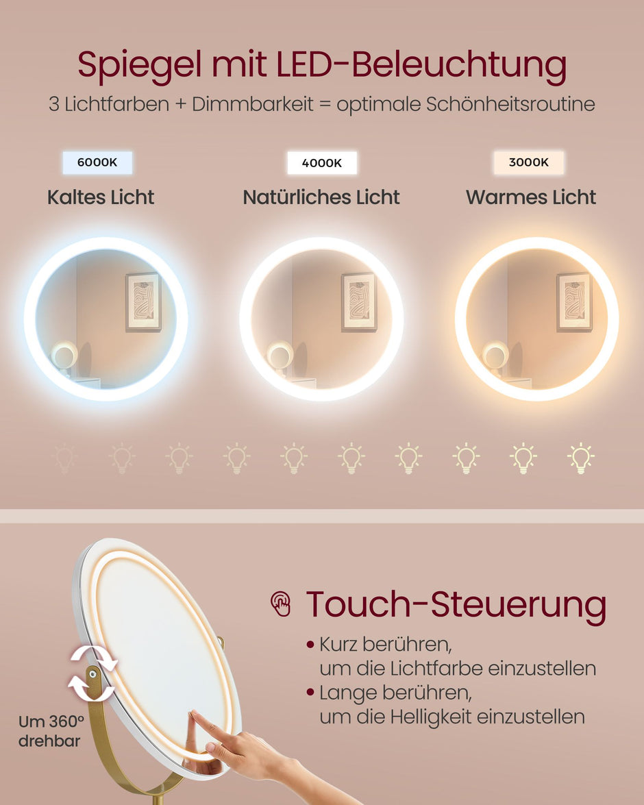 Kaptafel – Make-up Tafel – Wit – Draaibare spiegel met dimbare verlichting – 2 lades – Met 2x USB-aansluiting – 2x Stopcontact