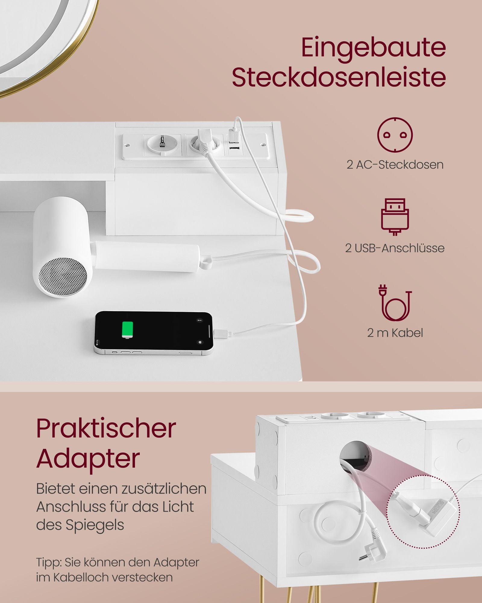 Kaptafel – Make-up Tafel - Draaibare spiegel met dimbare verlichting – 2 lades – 2x USB - 2x Stopcontact