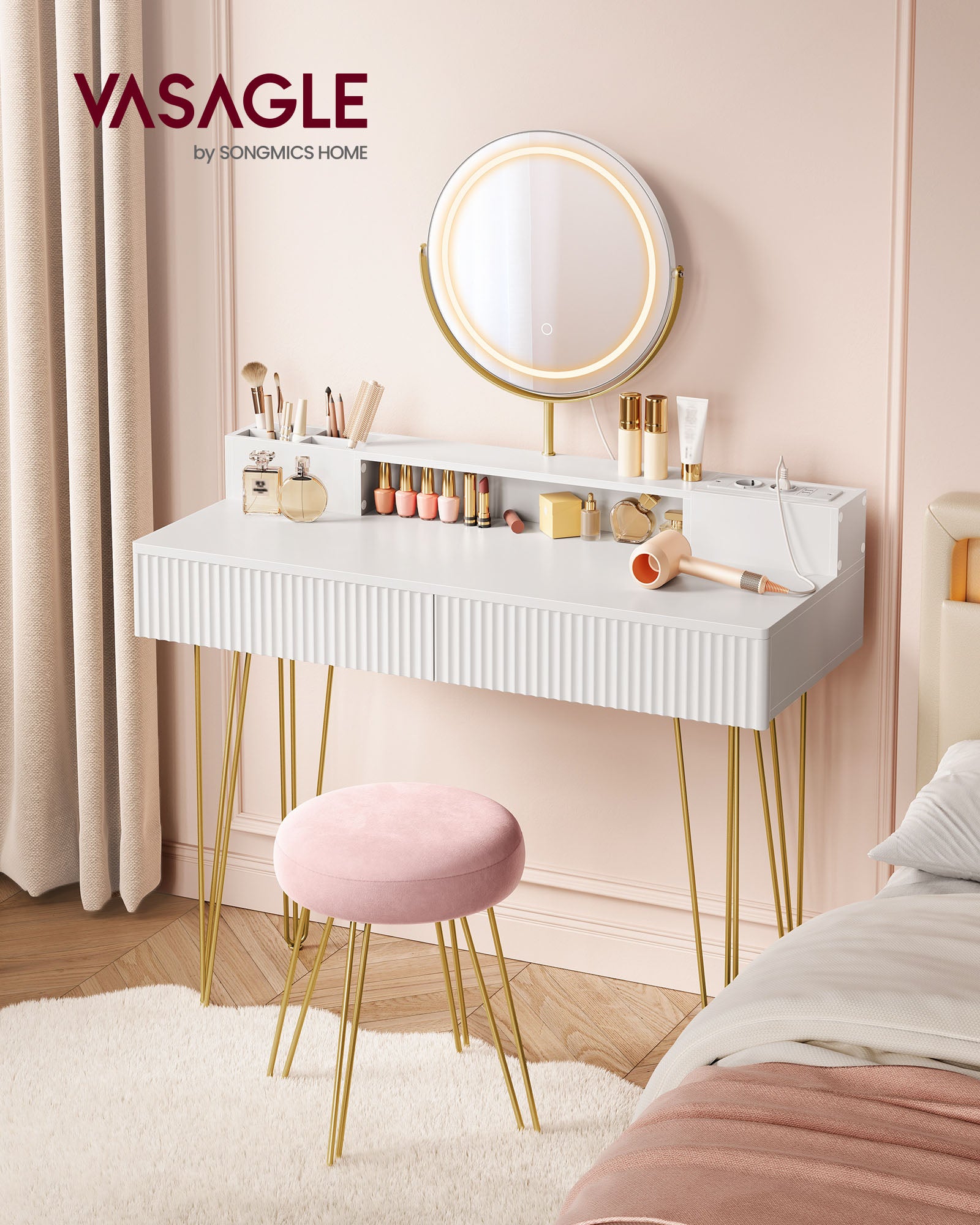 Kaptafel met verlichting en kruk - Mat wit-bleek goud