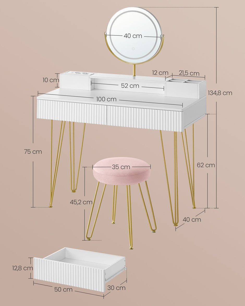 Kaptafel – Make-up Tafel - Draaibare spiegel met dimbare verlichting – 2 lades – 2x USB - 2x Stopcontact