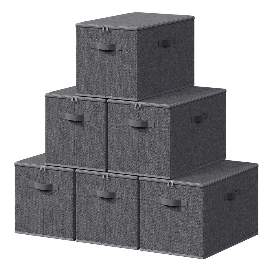 Opbergdozen - Set van 6 - Met Deksel - Linnenlook - Grijs