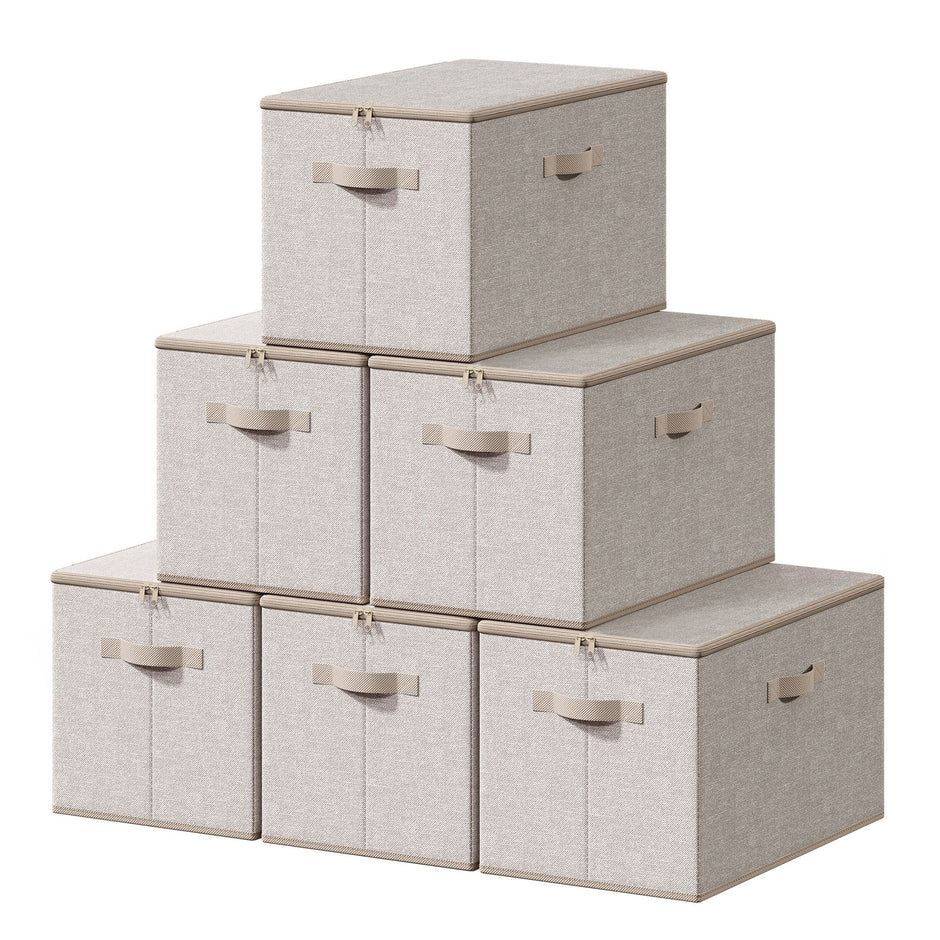 Opbergdozen - Set van 6 - Met Deksel - Linnenlook - Beige