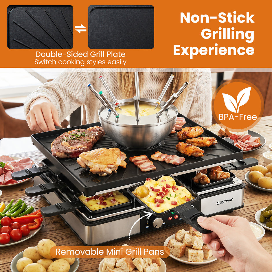 Raclettegrill – med fondue, W elgrill för personer, non stick grillplatta och pannor – 2200 8 8