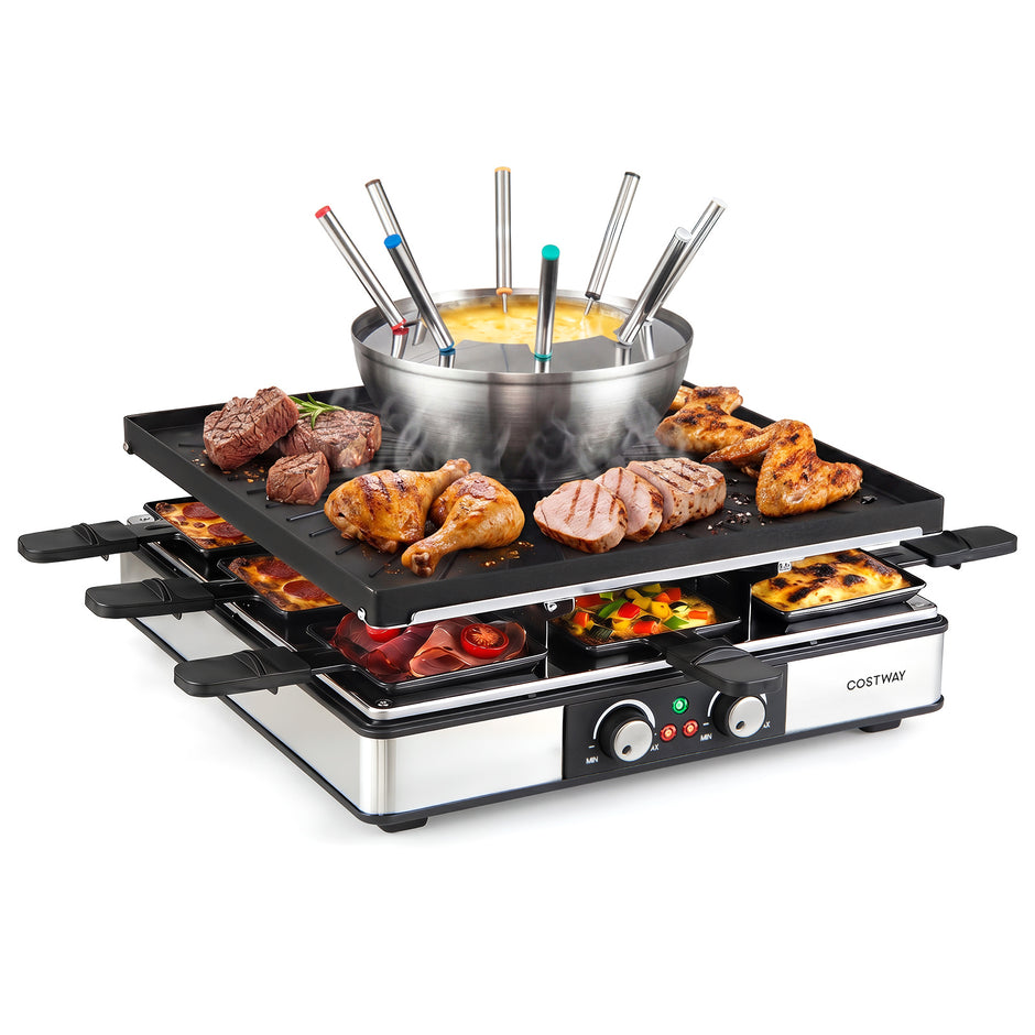Raclettegrill – med fondue, W elgrill för personer, non stick grillplatta och pannor – 2200 8 8