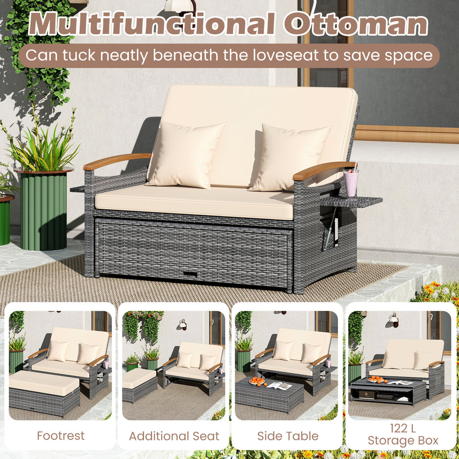 Rattan – trädgårdsbänk för utomhusbruk sits balkmöbler och ottoman med förvaring vägs justerbart ryggstöd – 2 4 – Beige