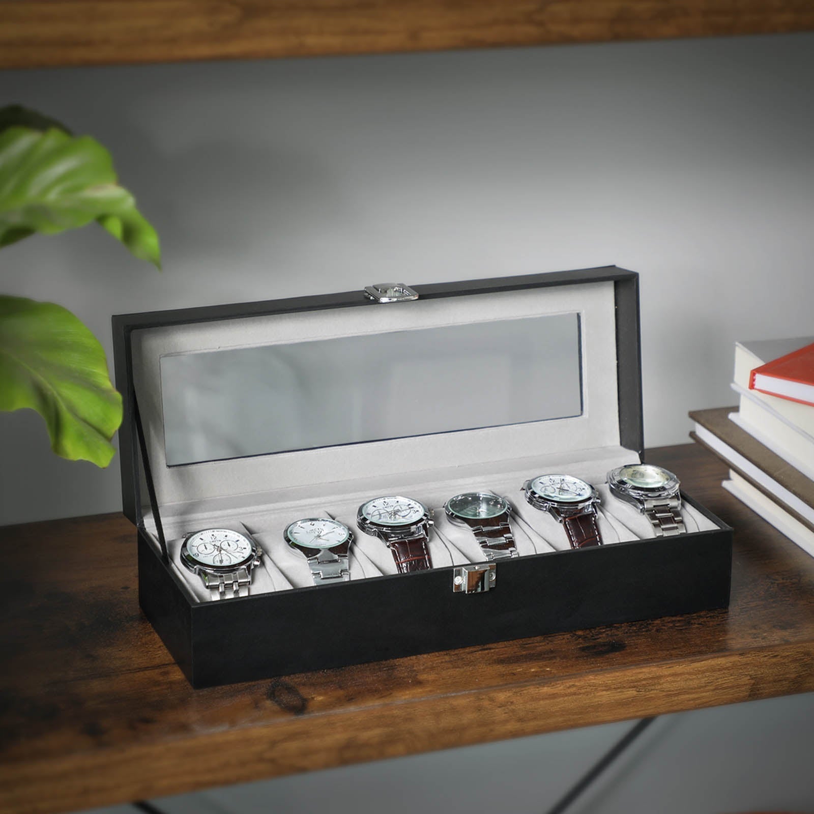 Horlogebox - Horlogekast met glazen deksel - Voor 6 horloges - Zwart