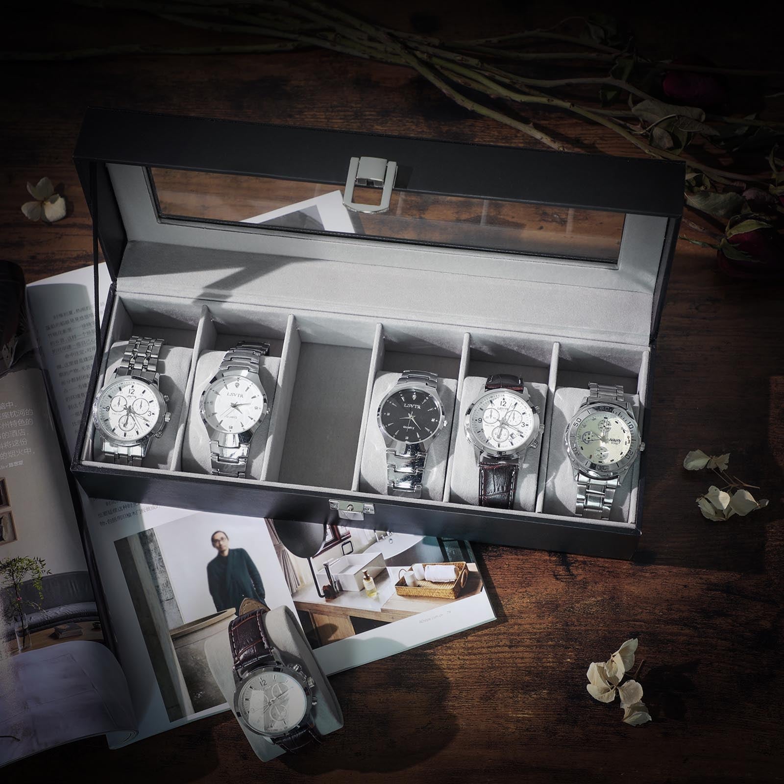 Horlogebox - Horlogekast met glazen deksel - Voor 6 horloges - Zwart