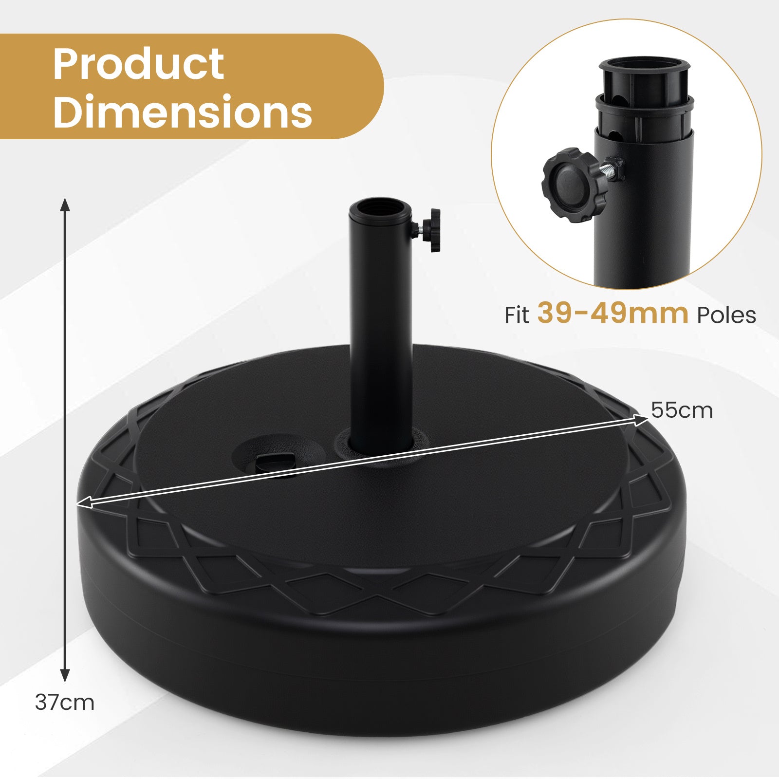 Rund – parasollfot i HDPE med handtag, för skaft 39‑49 mm