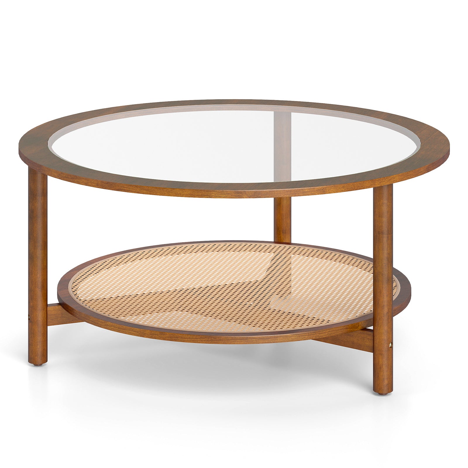 Rund – soffbord diameter cm, sidobord med glasplatta och öppen plastrottinghylla, valnötfärgad – 90