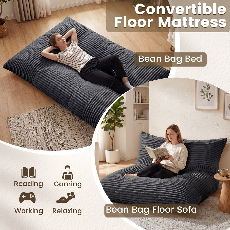 Säckpuff – i kordtyg, jättestor bönpuff med avtagbart överdrag – 194 x 139 x 19 cm