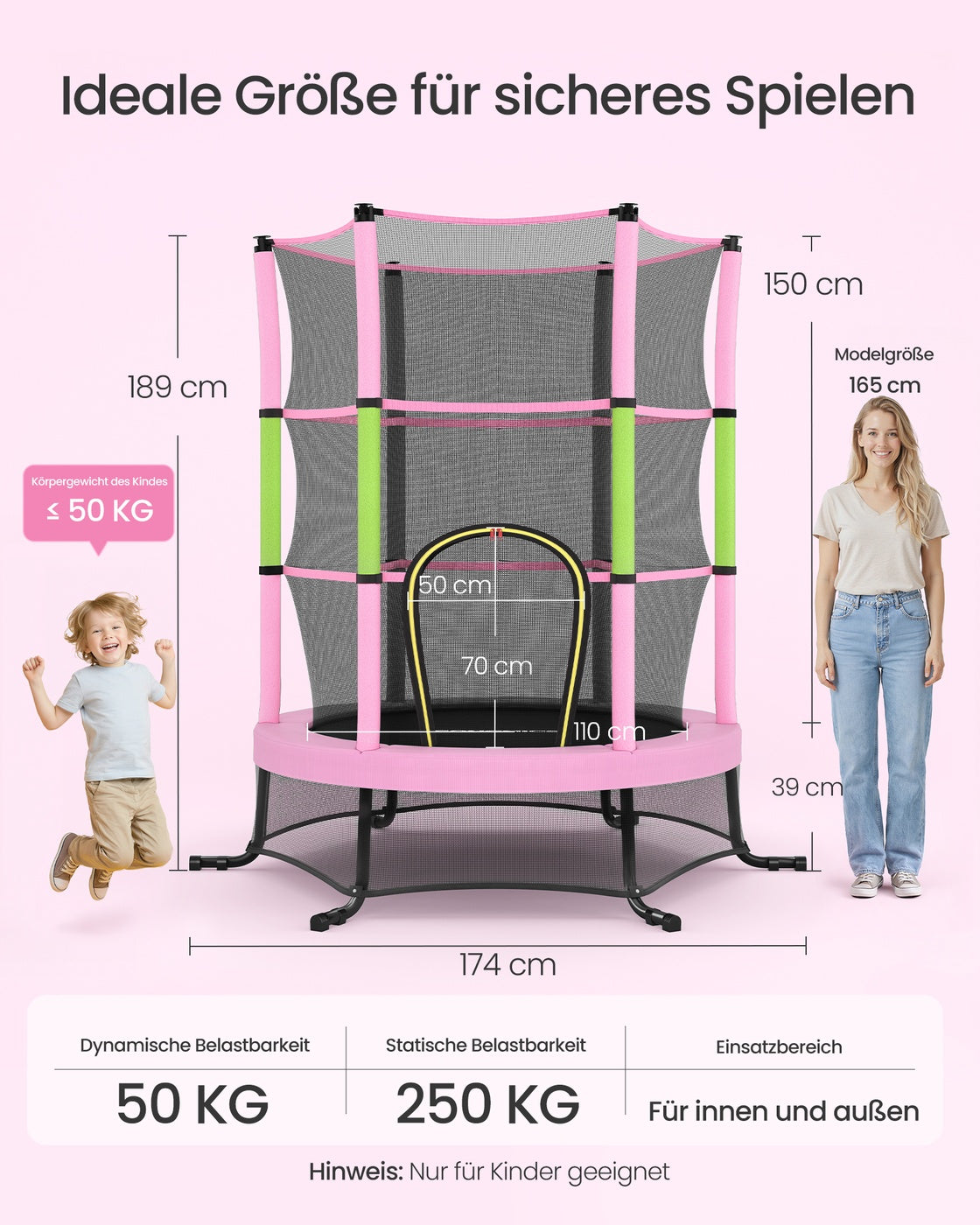 Kindertrampoline - 174 cm - Met Veiligheidsnet - Randbescherming - Roze