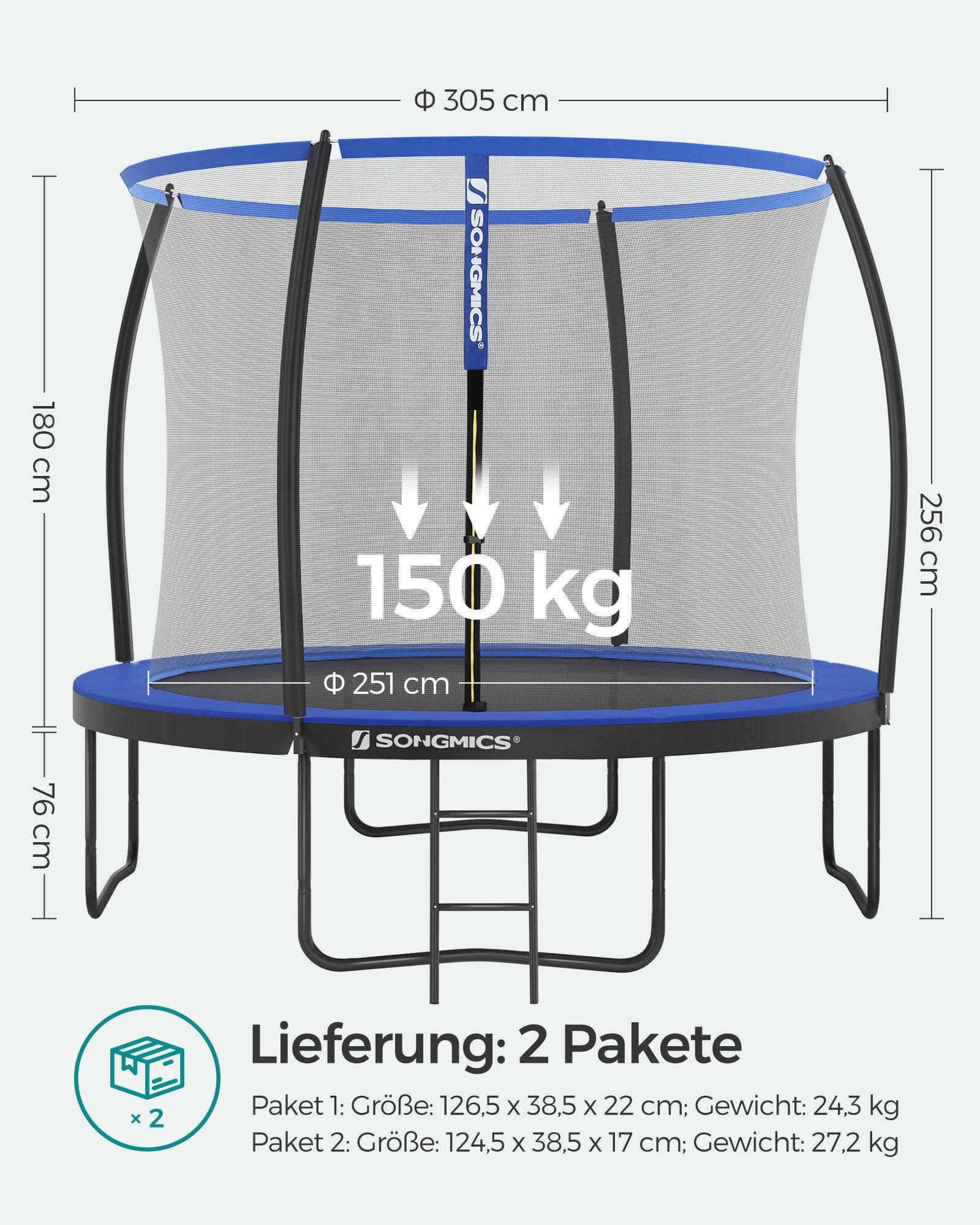 Tuintrampoline – Ø 305 cm – Veiligheidsnet – Zwart-Blauw