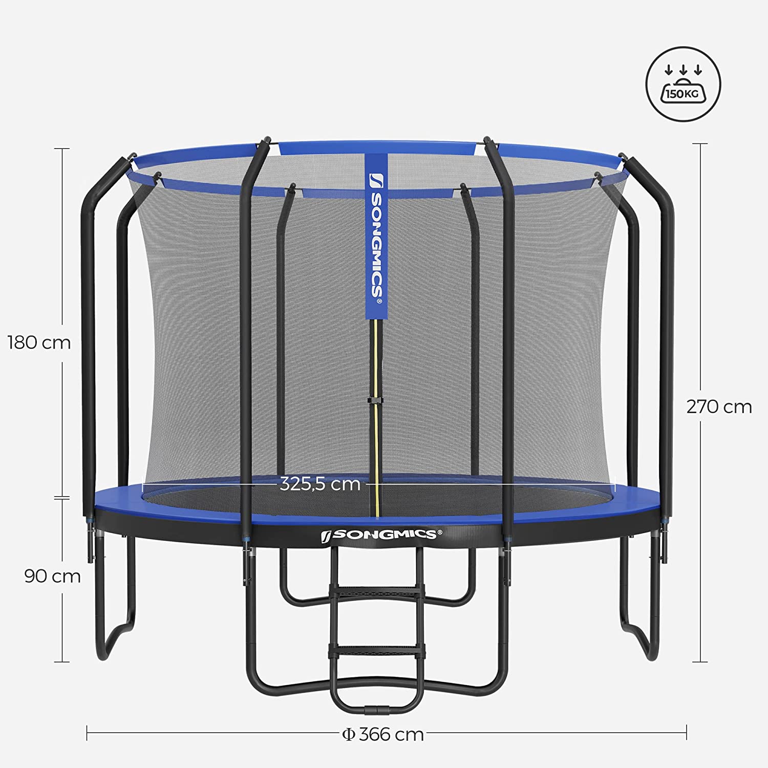 Trampoline - Ø 366 cm - Ronde trampoline - Met veiligheidsnet en ladder - Donkerblauw