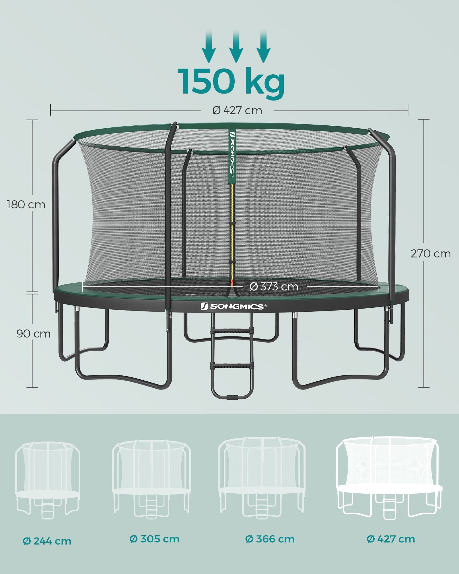 Trampoline – rond met gevoerd frame – zwart-donkergroen