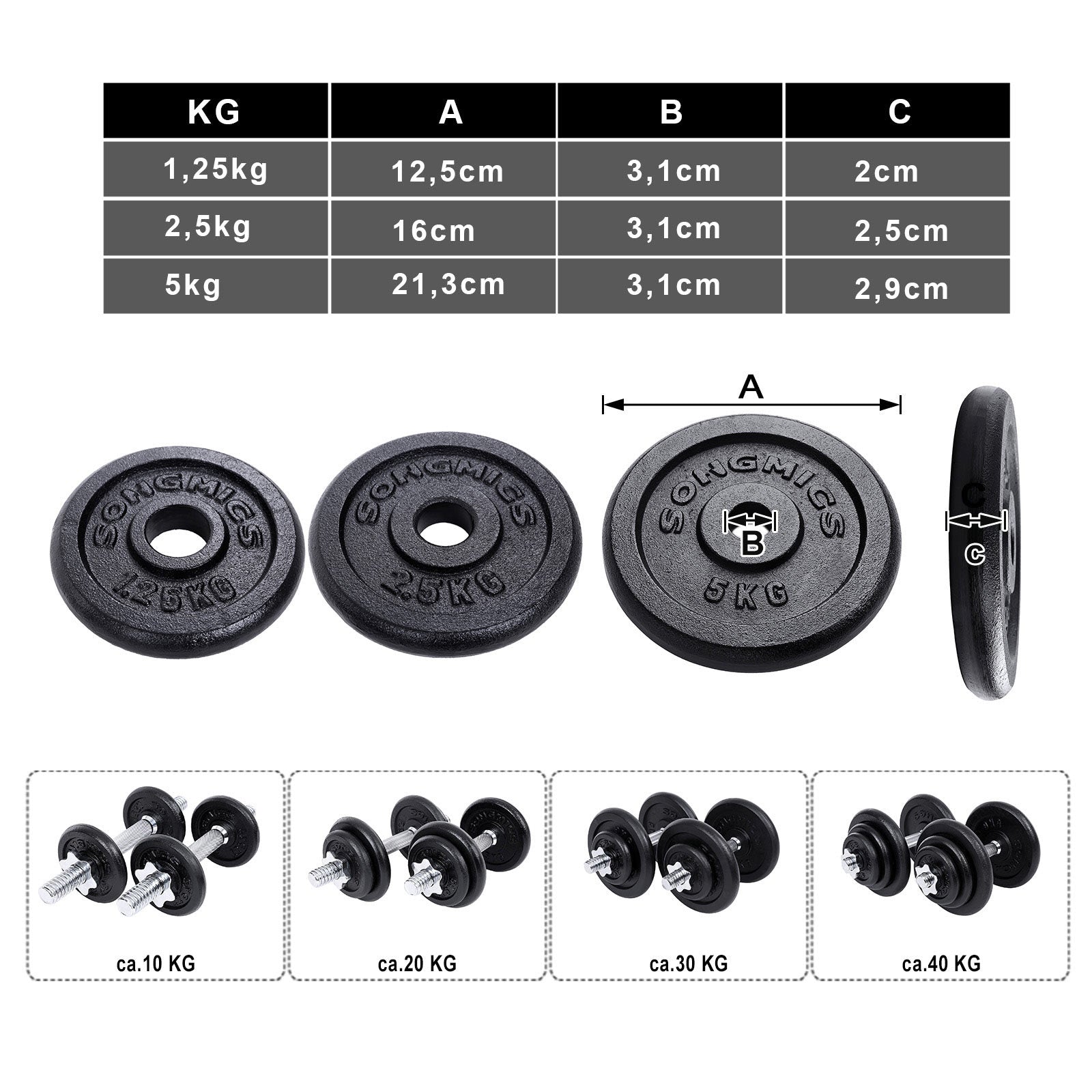 Halters - Gietijzeren dumbbells - Set van 2 - Totaal 40 kg