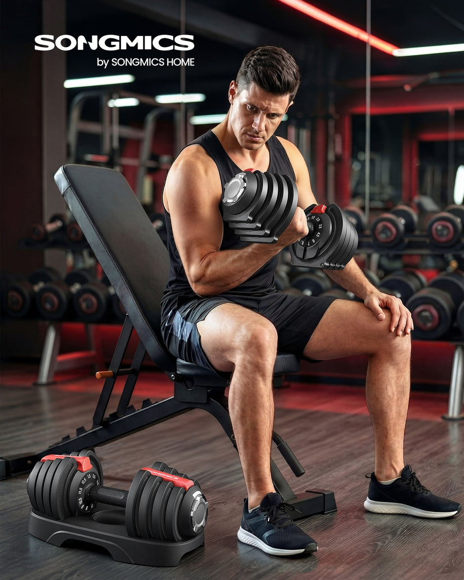 Dumbbells - 40 x 20 x 18 cm - Verstelbaar van 1,5 kg tot 12,5 kg - Antislip handgreep - Zwart en rood - Totaal gewicht 25 kg