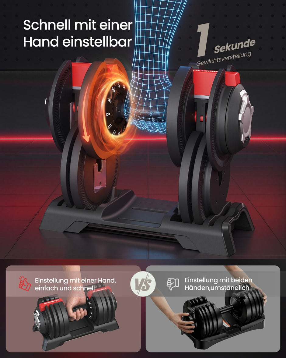 Dumbbells - 3 kg tot 24 kg - Verstelbaar - Zwart en rood - Totale gewicht 48 kg - Afmetingen 40 x 20 x 21 cm