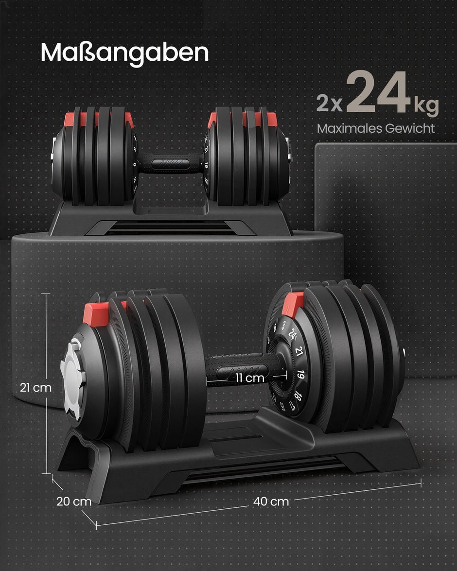Dumbbells - 3 kg tot 24 kg - Verstelbaar - Zwart en rood - Totale gewicht 48 kg - Afmetingen 40 x 20 x 21 cm
