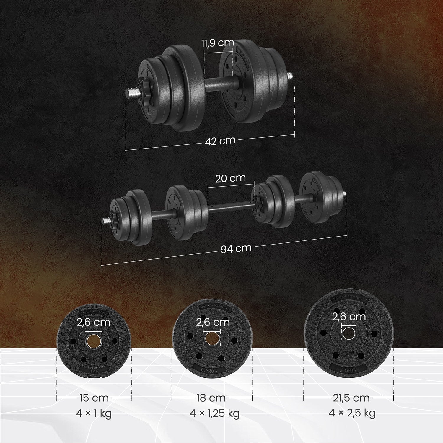 2-in-1 halterset – Dumbbells met stalen verbindingsbuis, 2 x 10 kg, inktzwart