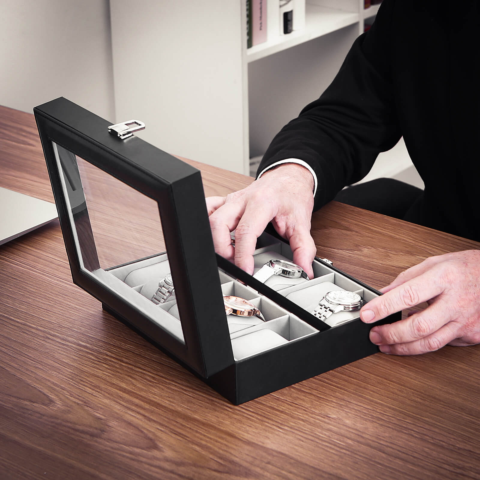 Horlogebox – 10 vakken – glazen deksel – zwart/grijs