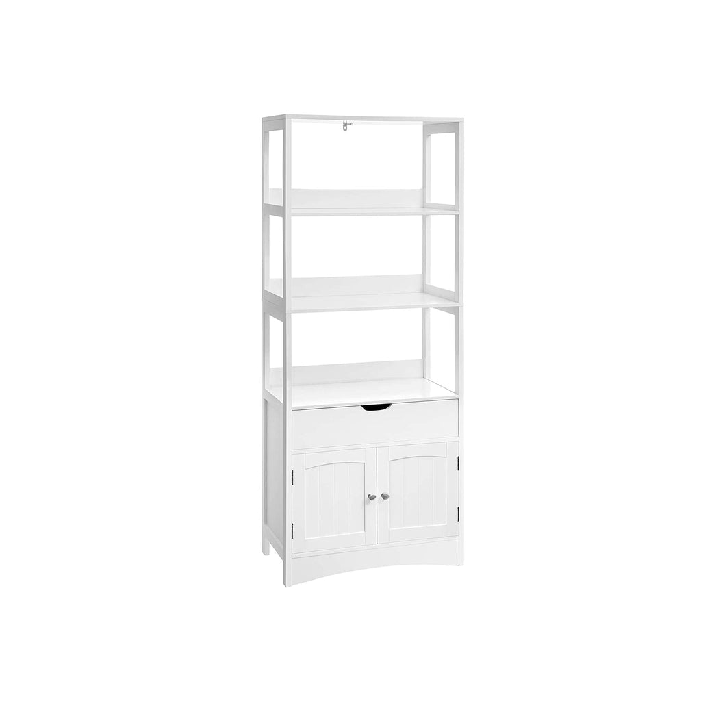 Badkamerkast - Vrijstaande hoge kast - 60 x 32,5 x 154 cm - 3 open vakken - 1 lade - 2 deuren - Wit