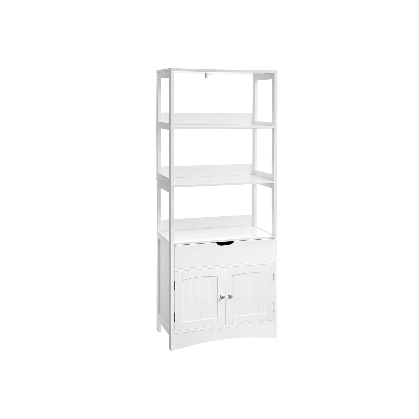 Badkamerkast - Vrijstaande hoge kast - 60 x 32,5 x 154 cm - 3 open vakken - 1 lade - 2 deuren - Wit