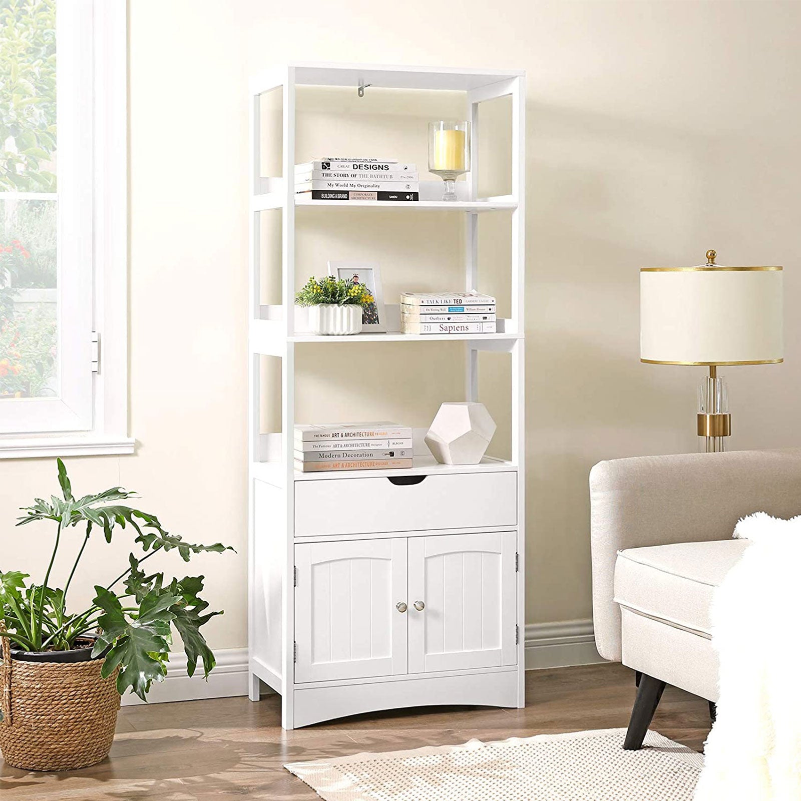 Badkamerkast - Vrijstaande hoge kast - 60 x 32,5 x 154 cm - 3 open vakken - 1 lade - 2 deuren - Wit