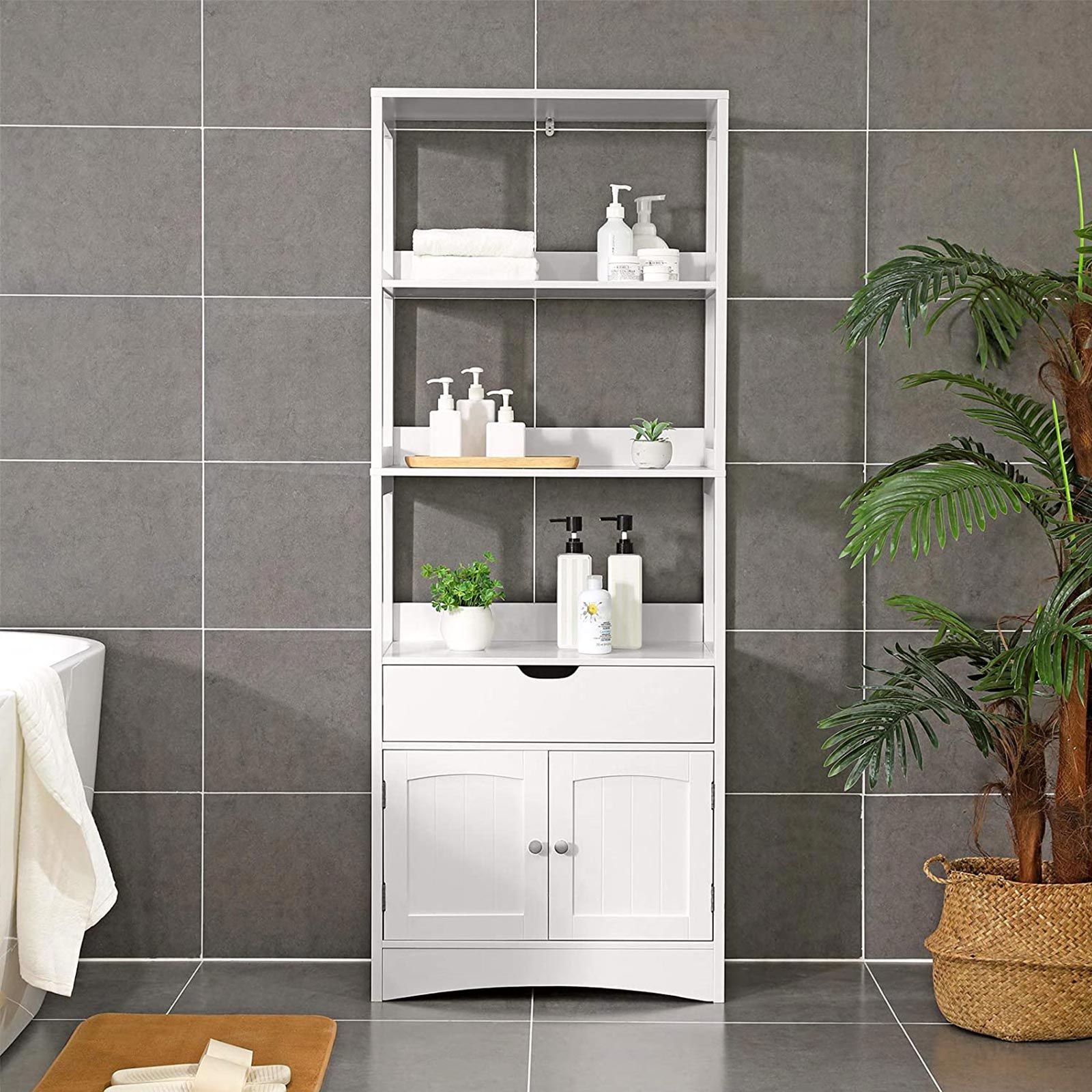 Badkamerkast - Vrijstaande hoge kast - 60 x 32,5 x 154 cm - 3 open vakken - 1 lade - 2 deuren - Wit