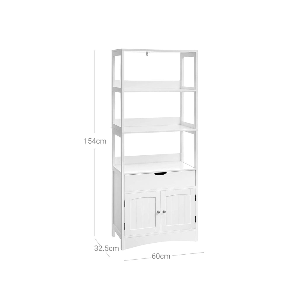 Badkamerkast - Vrijstaande hoge kast - 60 x 32,5 x 154 cm - 3 open vakken - 1 lade - 2 deuren - Wit