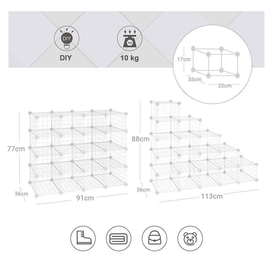 Schoenenrek – 15 metalen draadvakken – Wit
