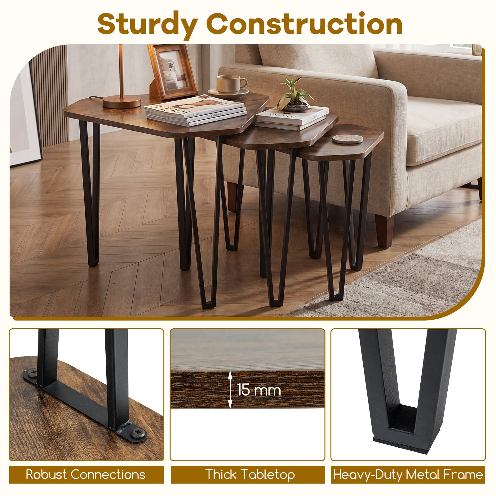 Sidoffbord – pack stapelbara soffbord i storlekar sidobord med ben av stål i industriell stil – 3 3 – Brun