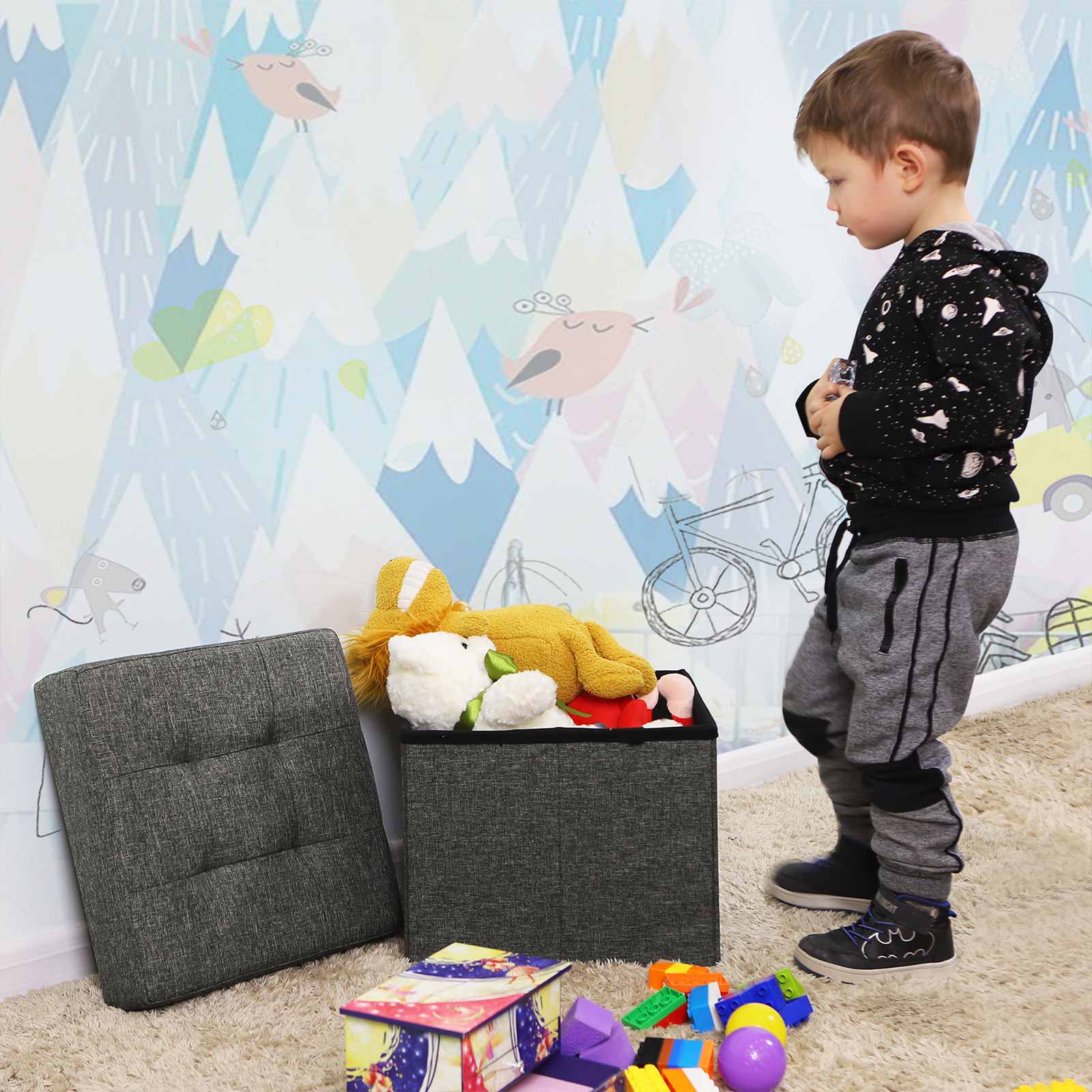 Poef – met opbergruimte – houten poten – zitkist – beige