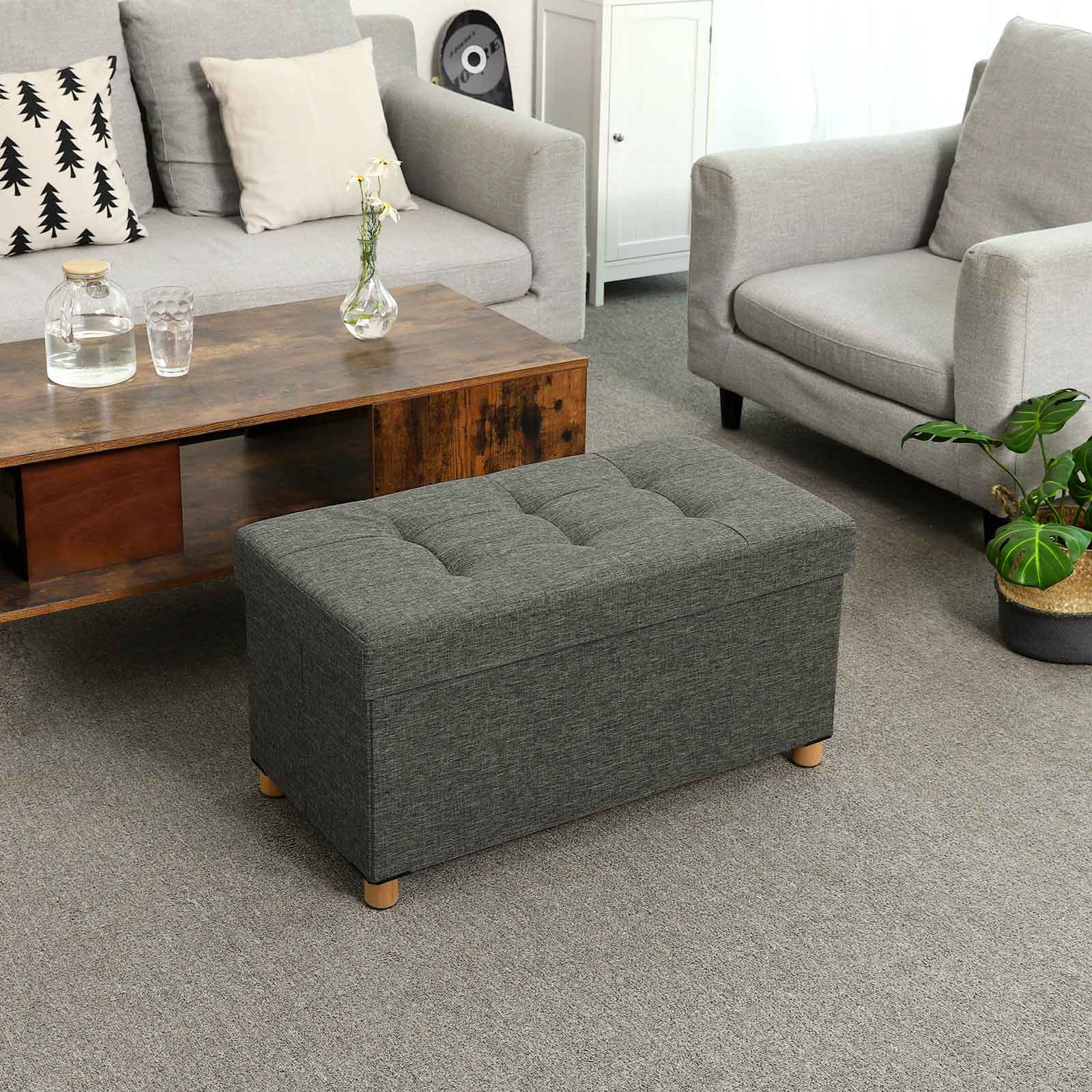 Zitkist - Poef met opbergruimte en deksel - Voetenbank - Houten poten - 76 x 38 x 40 cm - Donkergrijs