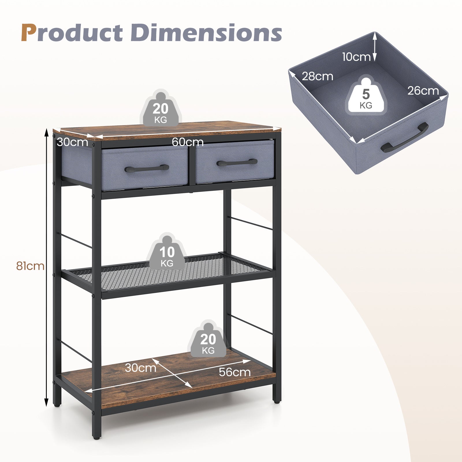 Smal – konsolbord, entrébord med två tygfacklådor och öppna hyllor cm, rustikbrunt – 60 x 30 x 81