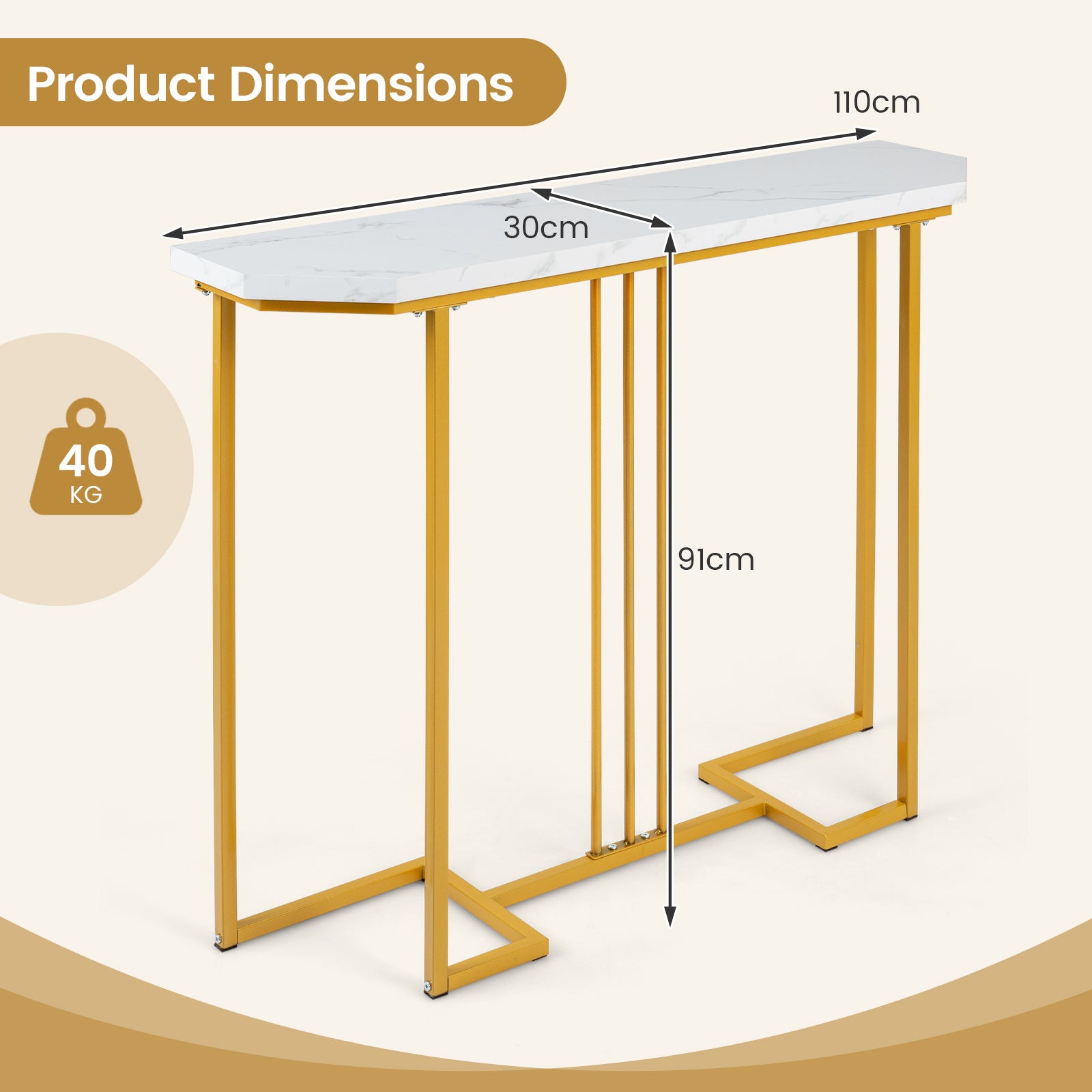 Smal – konsolbord, hallbord med geometrisk metallram och vattentätt toppskiva – 110 x 30 x 91 cm