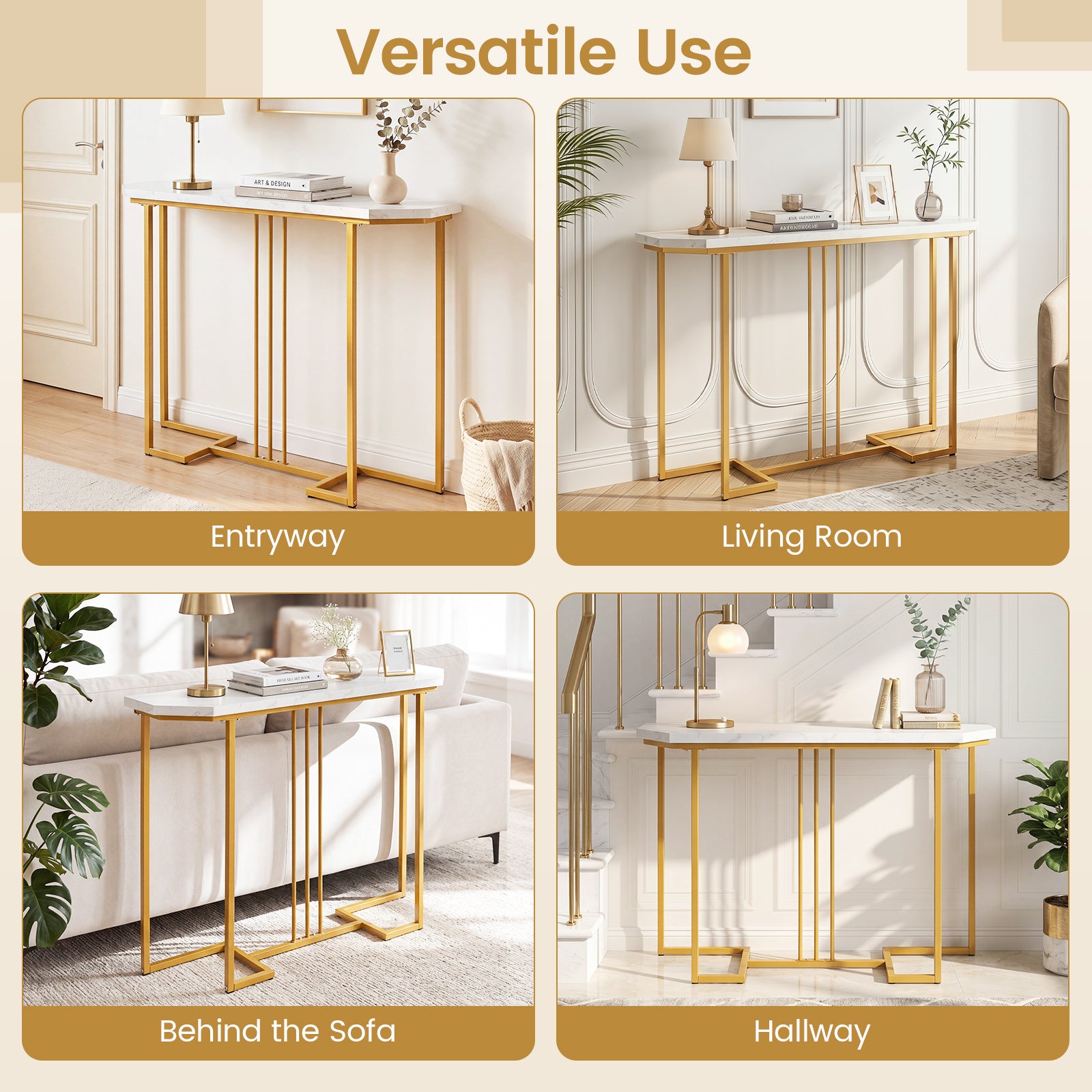 Smal – konsolbord, hallbord med geometrisk metallram och vattentätt toppskiva – 110 x 30 x 91 cm