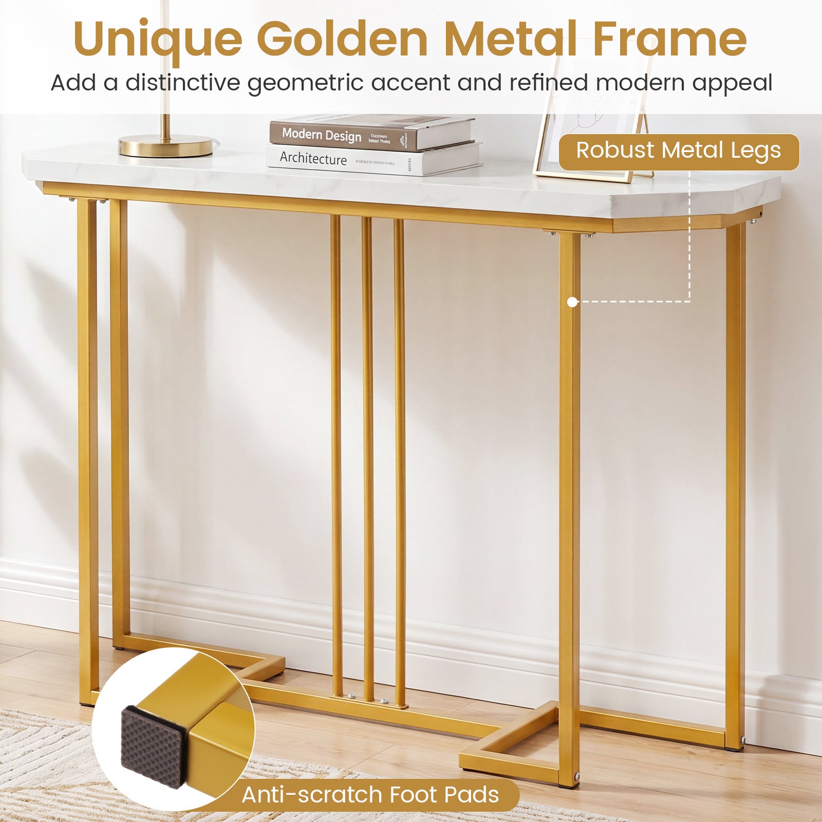 Smal – konsolbord, hallbord med geometrisk metallram och vattentätt toppskiva – 110 x 30 x 91 cm
