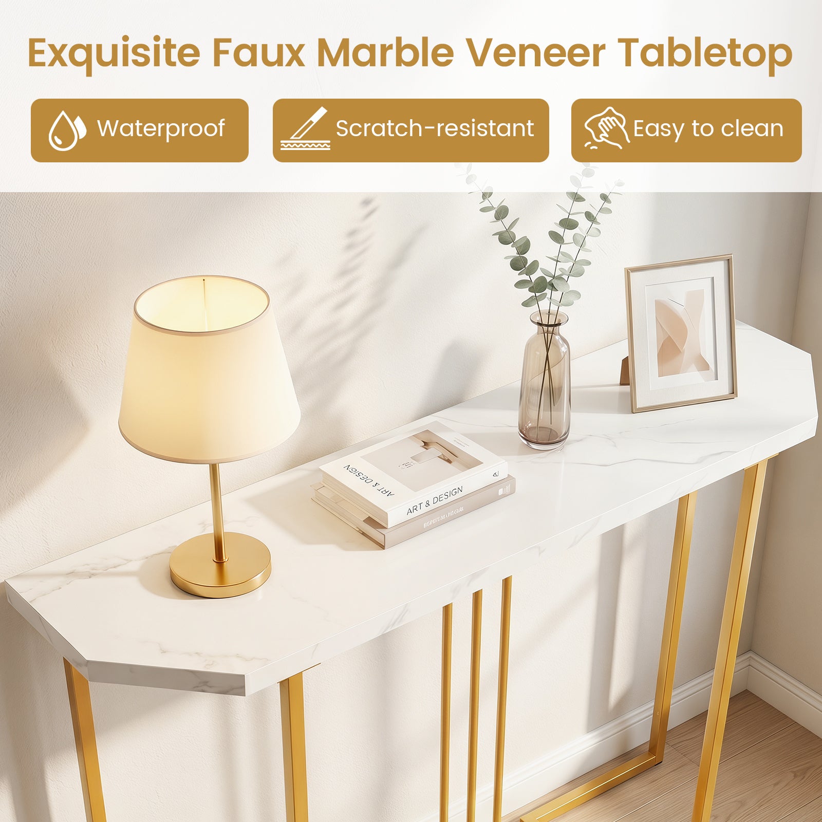 Smal – konsolbord, hallbord med geometrisk metallram och vattentätt toppskiva – 110 x 30 x 91 cm